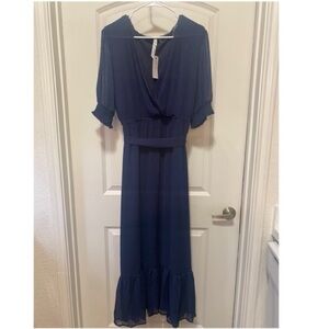 NY Collection Navy Midi Dress with Ruffle Details